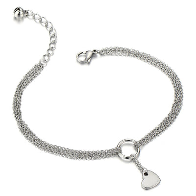 COOLSTEELANDBEYOND Stainless Steel Multi-Strand Anklet Bracelet with Dangling Charms of Hearts - COOLSTEELANDBEYOND Jewelry