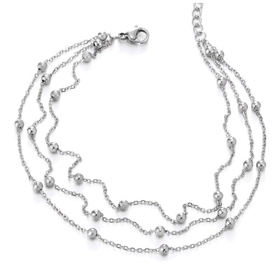 COOLSTEELANDBEYOND Stainless Steel Three-Row Link Chain Anklet Bracelet with Charms of Balls, Adjustable - COOLSTEELANDBEYOND Jewelry