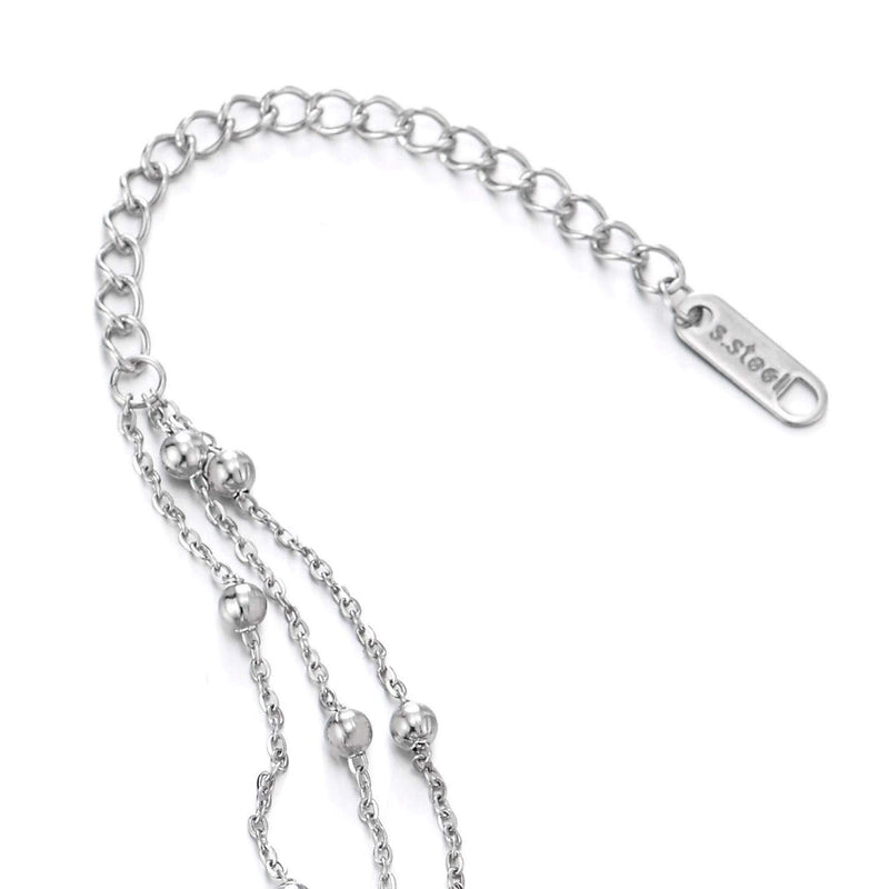 COOLSTEELANDBEYOND Stainless Steel Three-Row Link Chain Anklet Bracelet with Charms of Balls, Adjustable - COOLSTEELANDBEYOND Jewelry