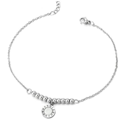 COOLSTEELANDBEYOND Steel Anklet Bracelet with Beads Strings, Dangling Roman Numeral Circle Charm with Mother of Pearl - COOLSTEELANDBEYOND Jewelry