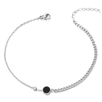 COOLSTEELANDBEYOND Steel Link Chain Anklet Bracelet with Black Acrylic Circle, Solitaire CZ Charms, Ball, Adjustable - COOLSTEELANDBEYOND Jewelry