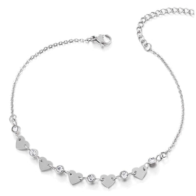 COOLSTEELANDBEYOND Steel Link Chain Anklet Bracelet with Charms of Hearts and Solitaire Cubic Zirconia, Adjustable - COOLSTEELANDBEYOND Jewelry