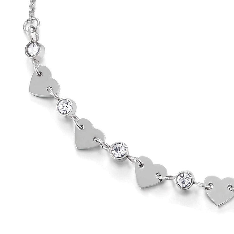 COOLSTEELANDBEYOND Steel Link Chain Anklet Bracelet with Charms of Hearts and Solitaire Cubic Zirconia, Adjustable - COOLSTEELANDBEYOND Jewelry