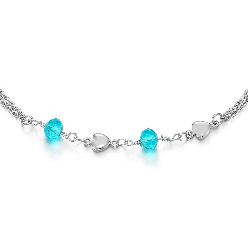 COOLSTEELANDBEYOND Steel Two-Row Link Chain Anklet Bracelet with Charms of Blue Crystal Beads and Hearts, Adjustable - COOLSTEELANDBEYOND Jewelry
