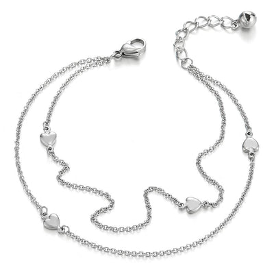 COOLSTEELANDBEYOND Steel Two-Row Link Chain Anklet Bracelet with Charms of Puff Hearts and Jingle Bell, Adjustable - COOLSTEELANDBEYOND Jewelry