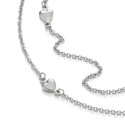 COOLSTEELANDBEYOND Steel Two-Row Link Chain Anklet Bracelet with Charms of Puff Hearts and Jingle Bell, Adjustable - COOLSTEELANDBEYOND Jewelry