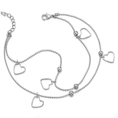 COOLSTEELANDBEYOND Two-Row Ball Chain Anklet Bracelet with Dangling Open Hearts Charms, Beads, Jingle Bell, Adjustable - COOLSTEELANDBEYOND Jewelry