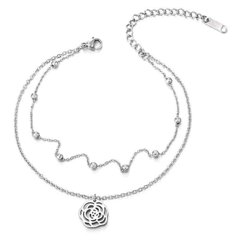 COOLSTEELANDBEYOND Two-Row Link Chain Anklet Bracelet with Beads and Dangling Rose Flower Charm, Adjustable - COOLSTEELANDBEYOND Jewelry