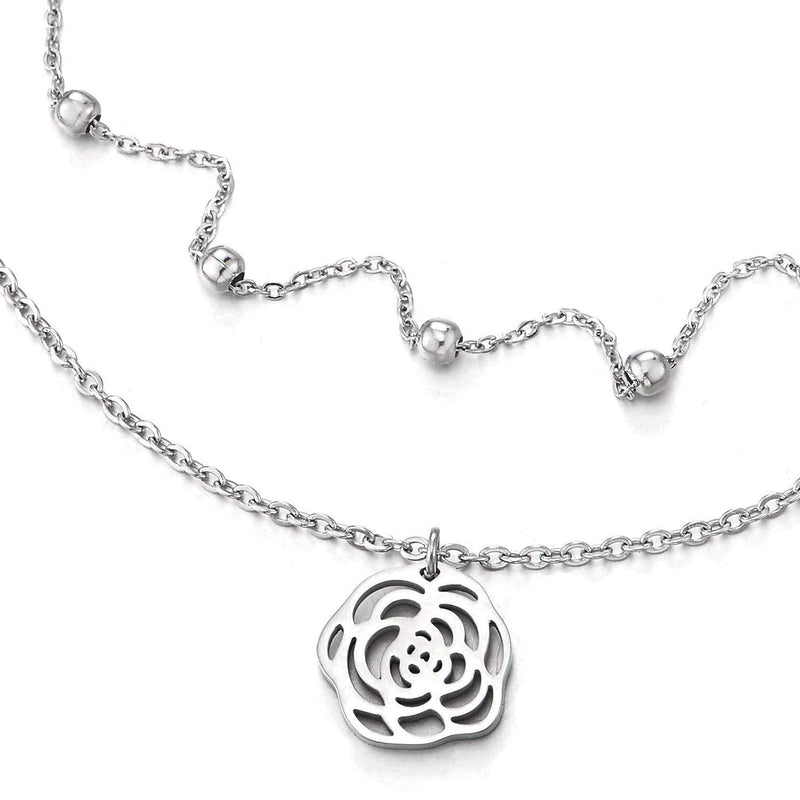 COOLSTEELANDBEYOND Two-Row Link Chain Anklet Bracelet with Beads and Dangling Rose Flower Charm, Adjustable - COOLSTEELANDBEYOND Jewelry