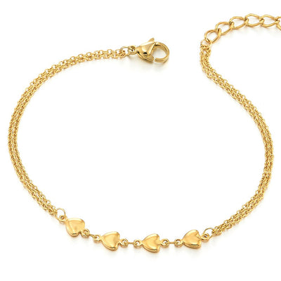 COOLSTEELANDBEYOND Two-Row Stainless Steel Gold Color Anklet Bracelet with Charms of Hearts and Jingle Bell - COOLSTEELANDBEYOND Jewelry