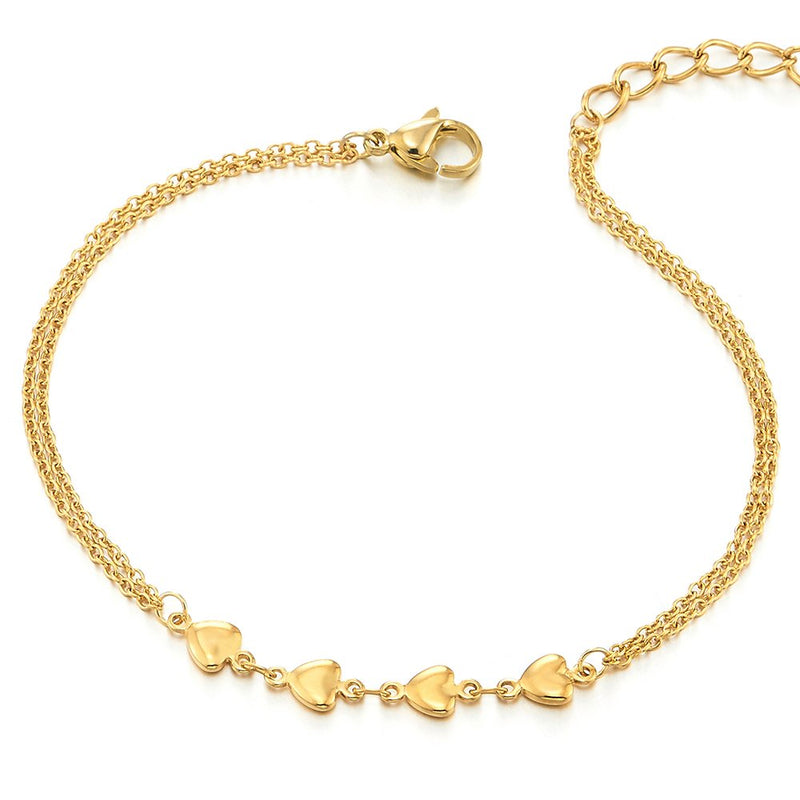 COOLSTEELANDBEYOND Two-Row Stainless Steel Gold Color Anklet Bracelet with Charms of Hearts and Jingle Bell - COOLSTEELANDBEYOND Jewelry