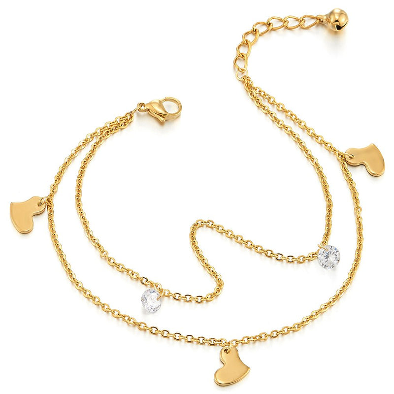 COOLSTEELANDBEYOND Two-Row Stainless Steel Gold Color Anklet Bracelet with Dangling Charms of Cubic Zirconia and Hearts - COOLSTEELANDBEYOND Jewelry