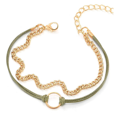 COOLSTEELANDBEYOND Two-Strand Gold Color Curb Chain Juniper Green Cotton Rope Anklet Bracelet with Open Circle Charm - COOLSTEELANDBEYOND Jewelry