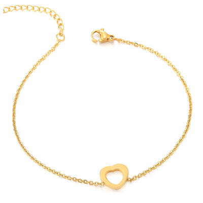 COOLSTEELANDBEYOND Women Stainless Steel Gold Color Link Chain Anklet Bracelet with Open Heart Charms, Adjustable - COOLSTEELANDBEYOND Jewelry
