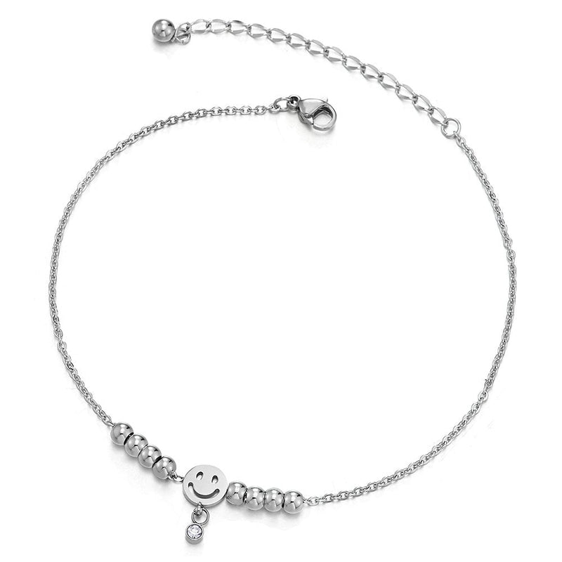 COOLSTEELANDBEYOND Women Steel Link Chain Anklet Bracelet with Smiling Face Charms, Beads and Dangling CZ, Adjustable - COOLSTEELANDBEYOND Jewelry