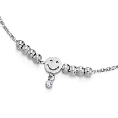 COOLSTEELANDBEYOND Women Steel Link Chain Anklet Bracelet with Smiling Face Charms, Beads and Dangling CZ, Adjustable - COOLSTEELANDBEYOND Jewelry