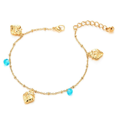 Gold Color Steel Anklet Bracelet with Dangling Strawberry and Teal Blue Cubic Zirconia Jingle Bell - COOLSTEELANDBEYOND Jewelry