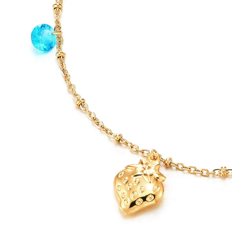 Gold Color Steel Anklet Bracelet with Dangling Strawberry and Teal Blue Cubic Zirconia Jingle Bell - COOLSTEELANDBEYOND Jewelry