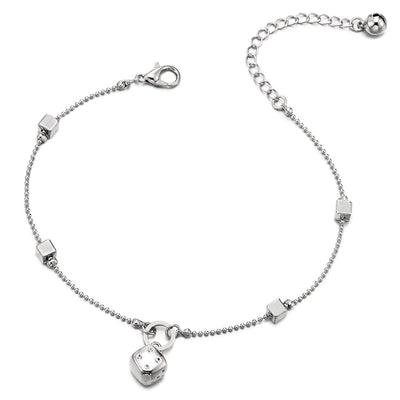 Link Chain Anklet Bracelet with Charm of Dice and Jingle Bell, Adjustable