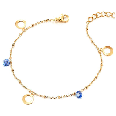 Stainless Steel Anklet Bracelet with Charms of Blue Cubic Zirconia and Open Circle, Jingle Bell - COOLSTEELANDBEYOND Jewelry