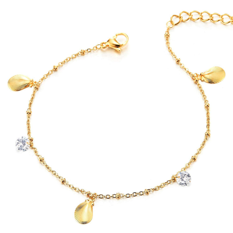 Stainless Steel Gold Anklet Bracelet with Dangling Charms of Shells, Cubic Zirconia and Jingle Bell - COOLSTEELANDBEYOND Jewelry