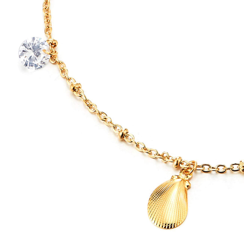 Stainless Steel Gold Anklet Bracelet with Dangling Charms of Shells, Cubic Zirconia and Jingle Bell - COOLSTEELANDBEYOND Jewelry