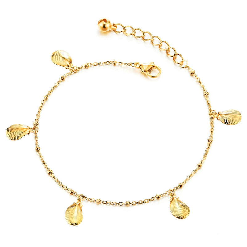 Stainless Steel Gold Color Link Chain Anklet Bracelet with Dangling of Shells and Jingle Bell - COOLSTEELANDBEYOND Jewelry