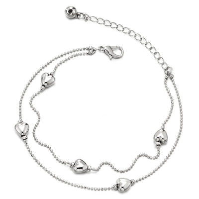 Two-Row Bead Chain Anklet Bracelet with Charms of Puff Hearts and Jingle Bell, Adjustable