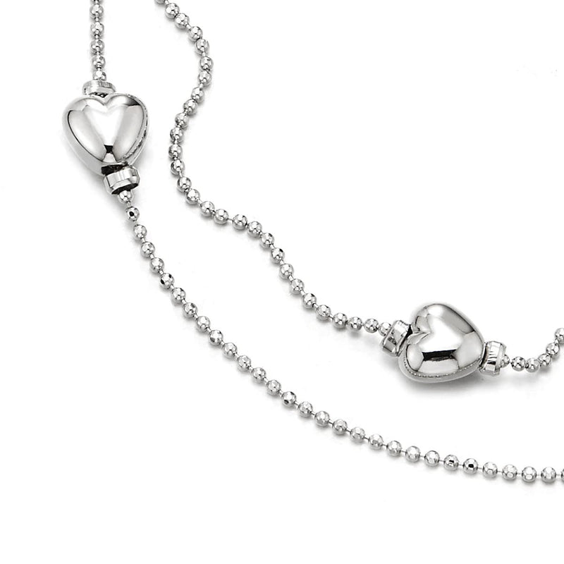 Two-Row Bead Chain Anklet Bracelet with Charms of Puff Hearts and Jingle Bell, Adjustable