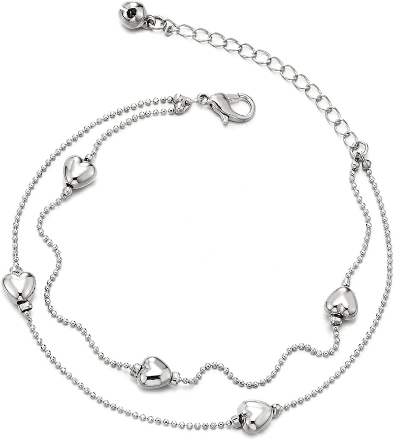 Two-Row Bead Chain Anklet Bracelet with Charms of Puff Hearts and Jingle Bell, Adjustable