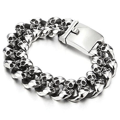 COOLSTEELANDBEYOND Biker Gothic Skull Link Stainless Steel Bracelet for Men 8.5 inches Vintage Old Metal Finishing - coolsteelandbeyond