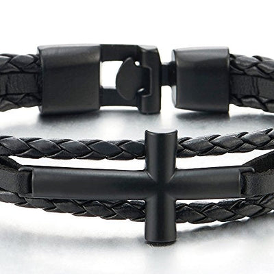 COOLSTEELANDBEYOND Black Horizontal Sideway Lateral Cross Brown Braided Leather Bangle Bracelet for Men Women Wristband - coolsteelandbeyond