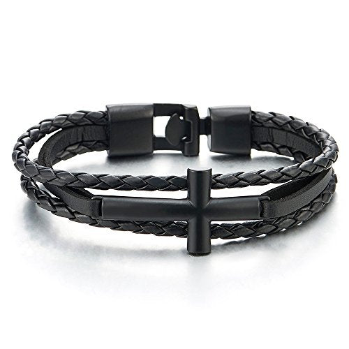 COOLSTEELANDBEYOND Black Horizontal Sideway Lateral Cross Brown Braided Leather Bangle Bracelet for Men Women Wristband - coolsteelandbeyond