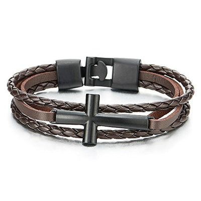 COOLSTEELANDBEYOND Black Horizontal Sideway Lateral Cross Brown Braided Leather Bangle Bracelet for Men Women Wristband - coolsteelandbeyond