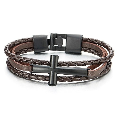 COOLSTEELANDBEYOND Black Horizontal Sideway Lateral Cross Brown Braided Leather Bangle Bracelet for Men Women Wristband - coolsteelandbeyond