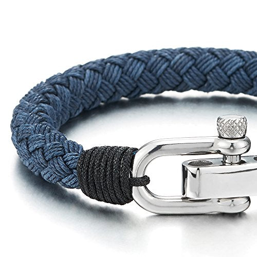 COOLSTEELANDBEYOND Large Blue Braided Cotton Rope Mens Womens Stainless Steel Nautical Screw Anchor Shackle Wrap Bracelet - coolsteelandbeyond