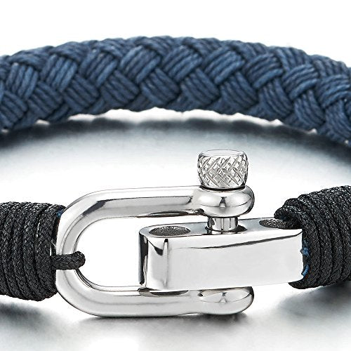 COOLSTEELANDBEYOND Large Blue Braided Cotton Rope Mens Womens Stainless Steel Nautical Screw Anchor Shackle Wrap Bracelet - coolsteelandbeyond