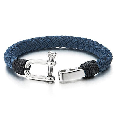 COOLSTEELANDBEYOND Large Blue Braided Cotton Rope Mens Womens Stainless Steel Nautical Screw Anchor Shackle Wrap Bracelet - coolsteelandbeyond