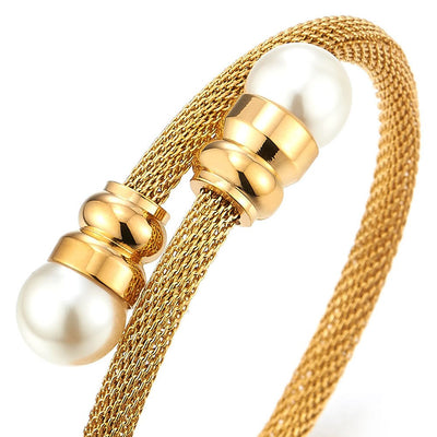 Classic Ladies Stainless Steel Twisted Cable Bangle Bracelet with Synthetic White Pearl - coolsteelandbeyond