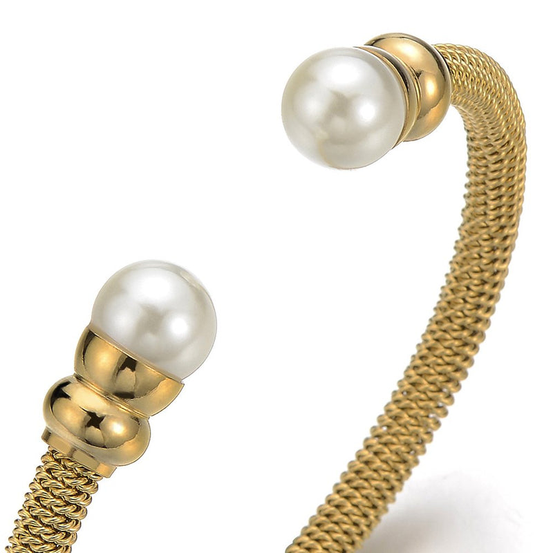 Classic Ladies Stainless Steel Twisted Cable Bangle Bracelet with Synthetic White Pearl - coolsteelandbeyond