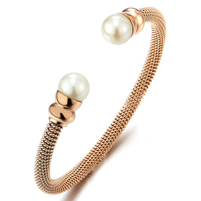 Classic Ladies Stainless Steel Twisted Cable Bangle Bracelet with Synthetic White Pearl - coolsteelandbeyond