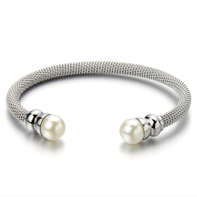 Classic Ladies Stainless Steel Twisted Cable Bangle Bracelet with Synthetic White Pearl - coolsteelandbeyond