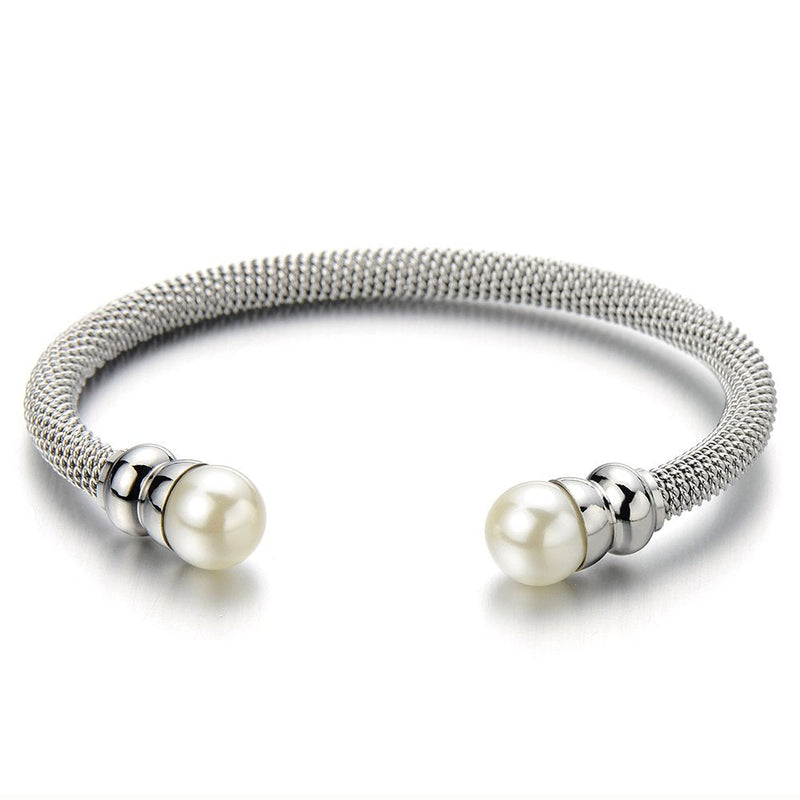 Classic Ladies Stainless Steel Twisted Cable Bangle Bracelet with Synthetic White Pearl - coolsteelandbeyond
