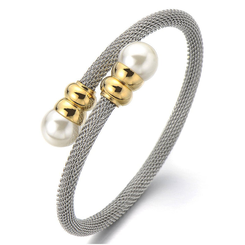 Classic Ladies Stainless Steel Twisted Cable Bangle Bracelet with Synthetic White Pearl - coolsteelandbeyond