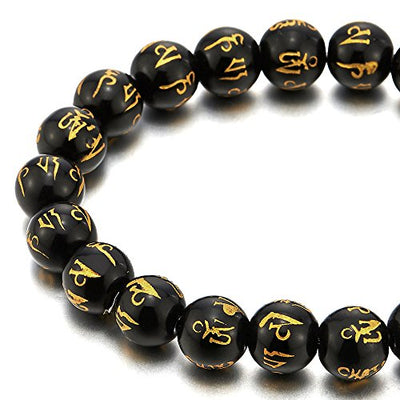 COOLSTEELANDBEYOND 10mm Men Women Gem Stone Tibetan Beads Bracelet, Mantra Om Mani Padme Hum Prayer Mala - coolsteelandbeyond