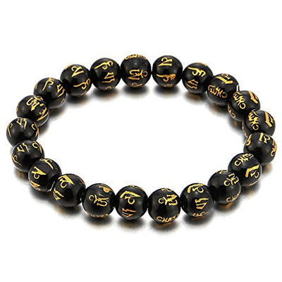 COOLSTEELANDBEYOND 10mm Men Women Gem Stone Tibetan Beads Bracelet, Mantra Om Mani Padme Hum Prayer Mala - coolsteelandbeyond