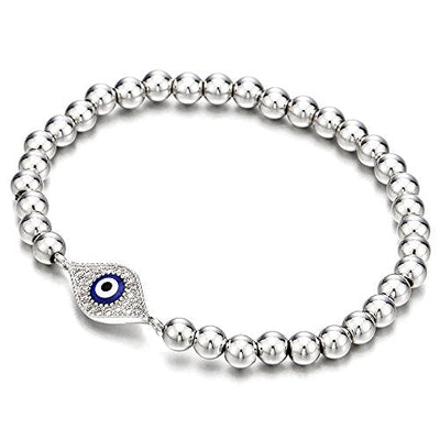 COOLSTEELANDBEYOND Beads Bracelet for Women Men with Cubic Zirconia Protection Evil Eye - COOLSTEELANDBEYOND Jewelry