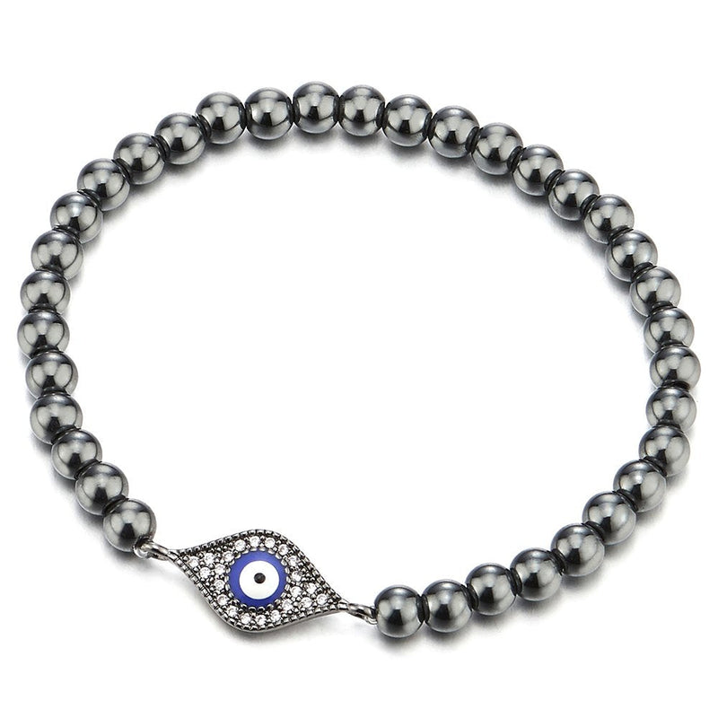 COOLSTEELANDBEYOND Beads Bracelet for Women Men with Cubic Zirconia Protection Evil Eye - COOLSTEELANDBEYOND Jewelry