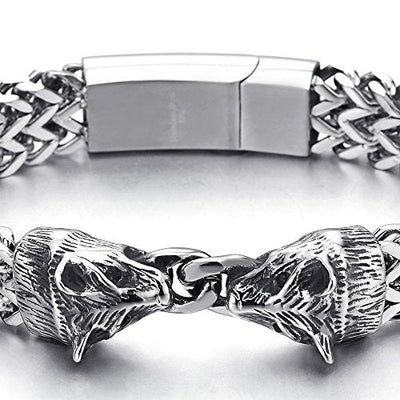 COOLSTEELANDBEYOND Biker Rock Punk MensSteel Wolf Head Franco Link Curb Chain Bracelet with Magnetic Clasp, 8.7 Inches - coolsteelandbeyond