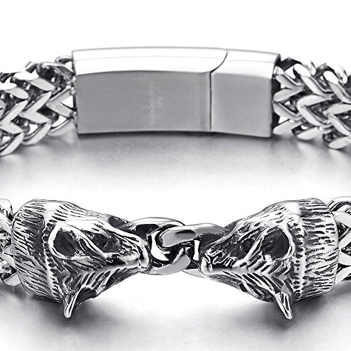 COOLSTEELANDBEYOND Biker Rock Punk MensSteel Wolf Head Franco Link Curb Chain Bracelet with Magnetic Clasp, 8.7 Inches - coolsteelandbeyond